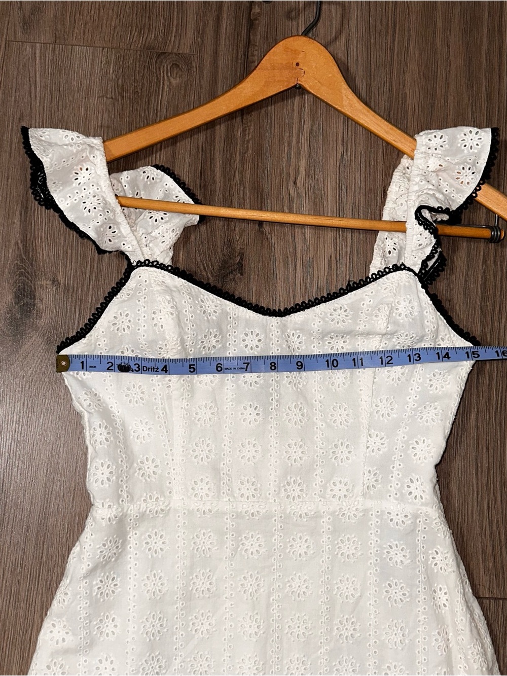 White Eyelet Cotton Mini Dress with Black Trim Cotton Lining Summer NWOT - Picture 7 of 10